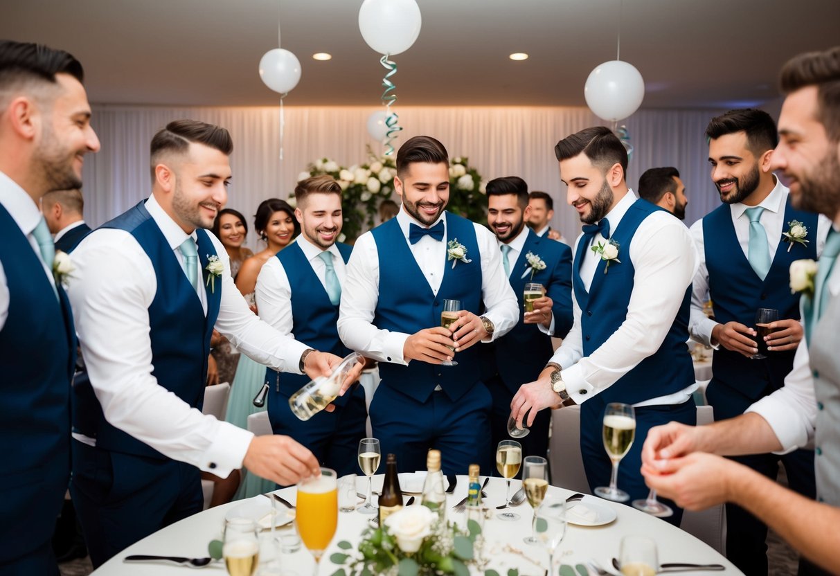 The best man organizes a bachelor party, arranging decorations and activities for the groom and his friends to celebrate