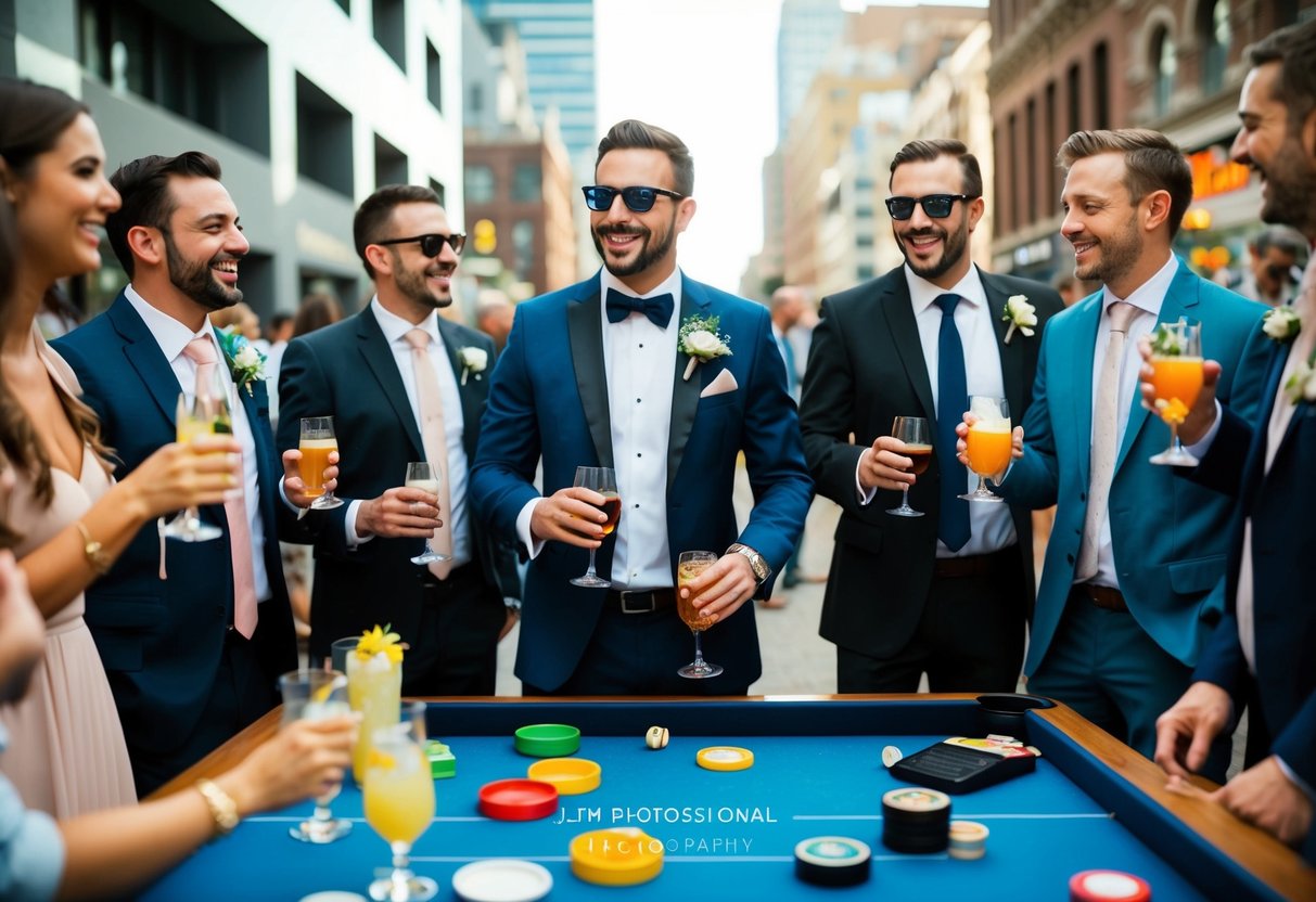 The best man organizes a lively bachelor party with drinks, music, and games in a vibrant, bustling city setting