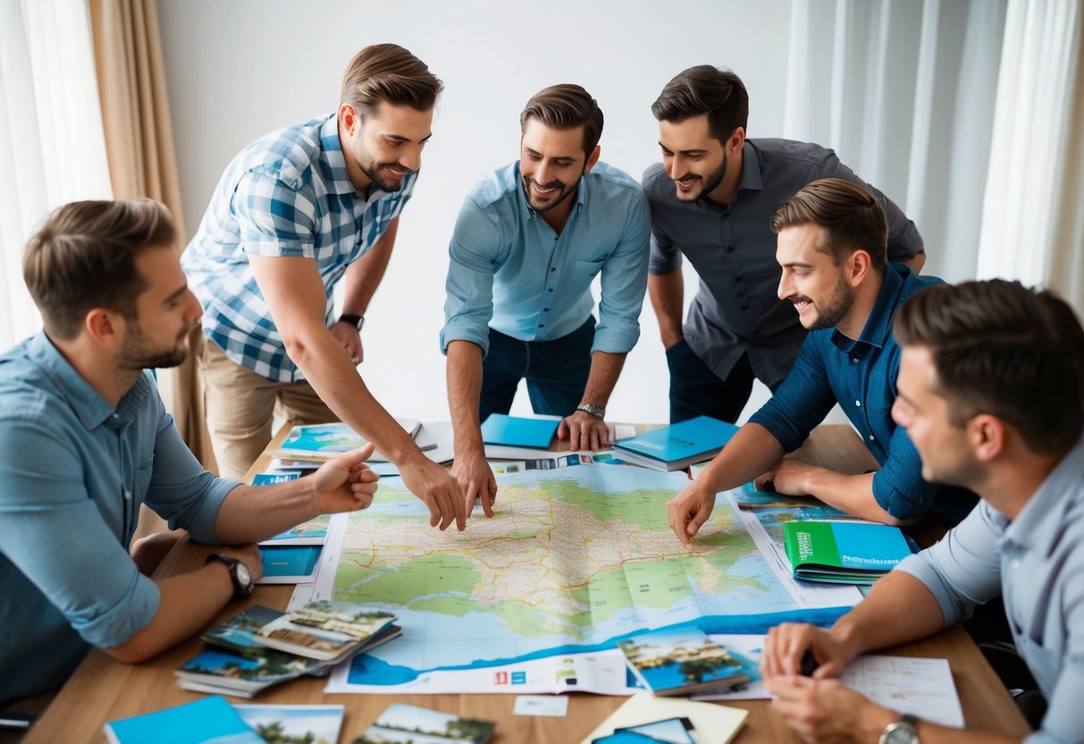 A group of men gather around a table covered in maps, brochures, and travel guides. They are discussing and planning a bachelor party, with various destinations and activities being considered