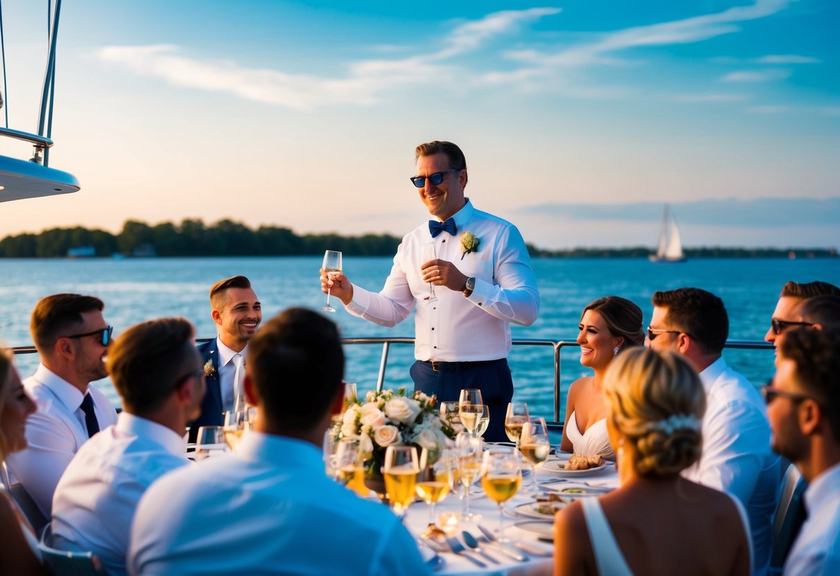 The best man organizes a classy bachelor party with a private yacht cruise, gourmet dinner, and live entertainment