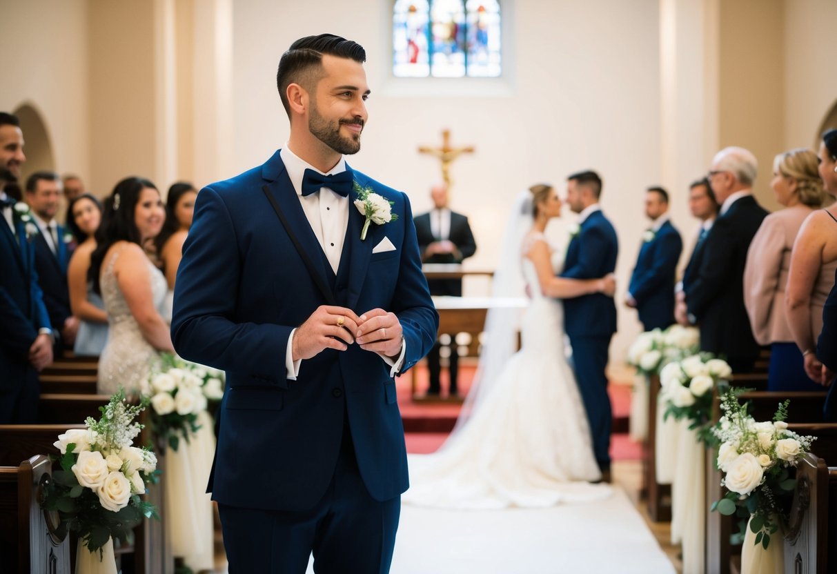 A groom standing at the altar, holding the wedding ring, with the bride waiting at the other end of the aisle