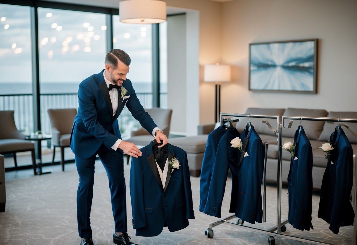 The best man organizing and returning rental tuxedos and accessories after the wedding