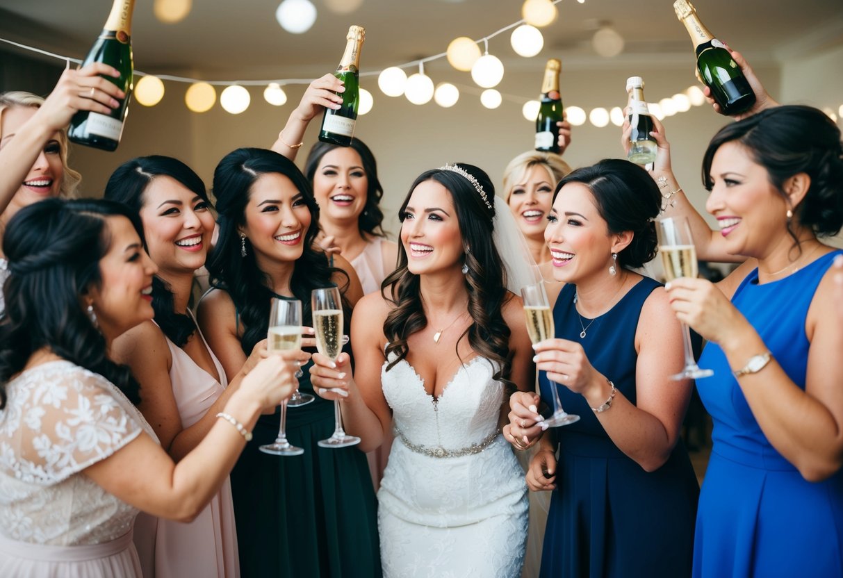 A group of women celebrating, with champagne and decorations, while a bride's mother looks on with a smile