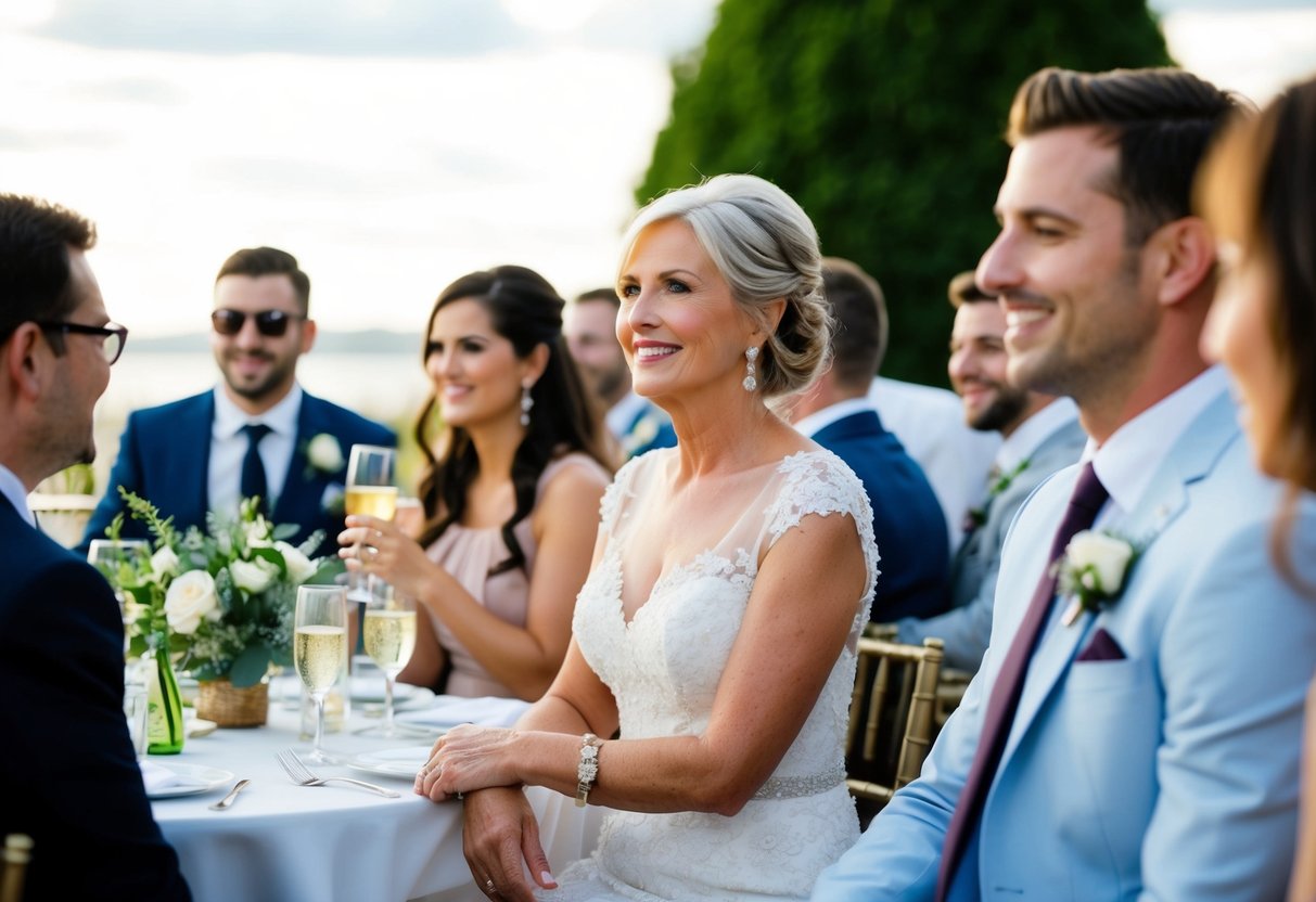 A mother of the bride watches from a distance as the bachelor party unfolds, smiling and chatting with other guests