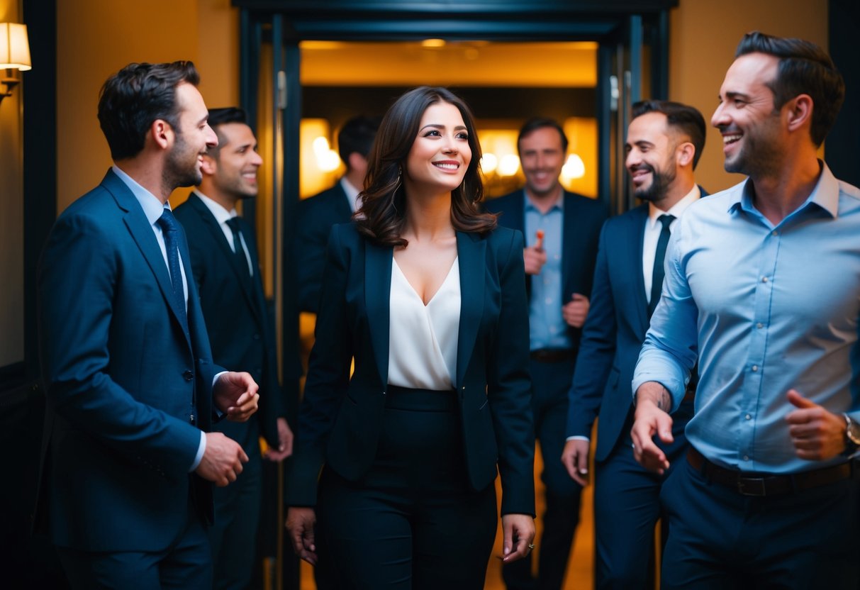 A woman stands hesitantly between a group of men entering a dimly lit room with music and laughter