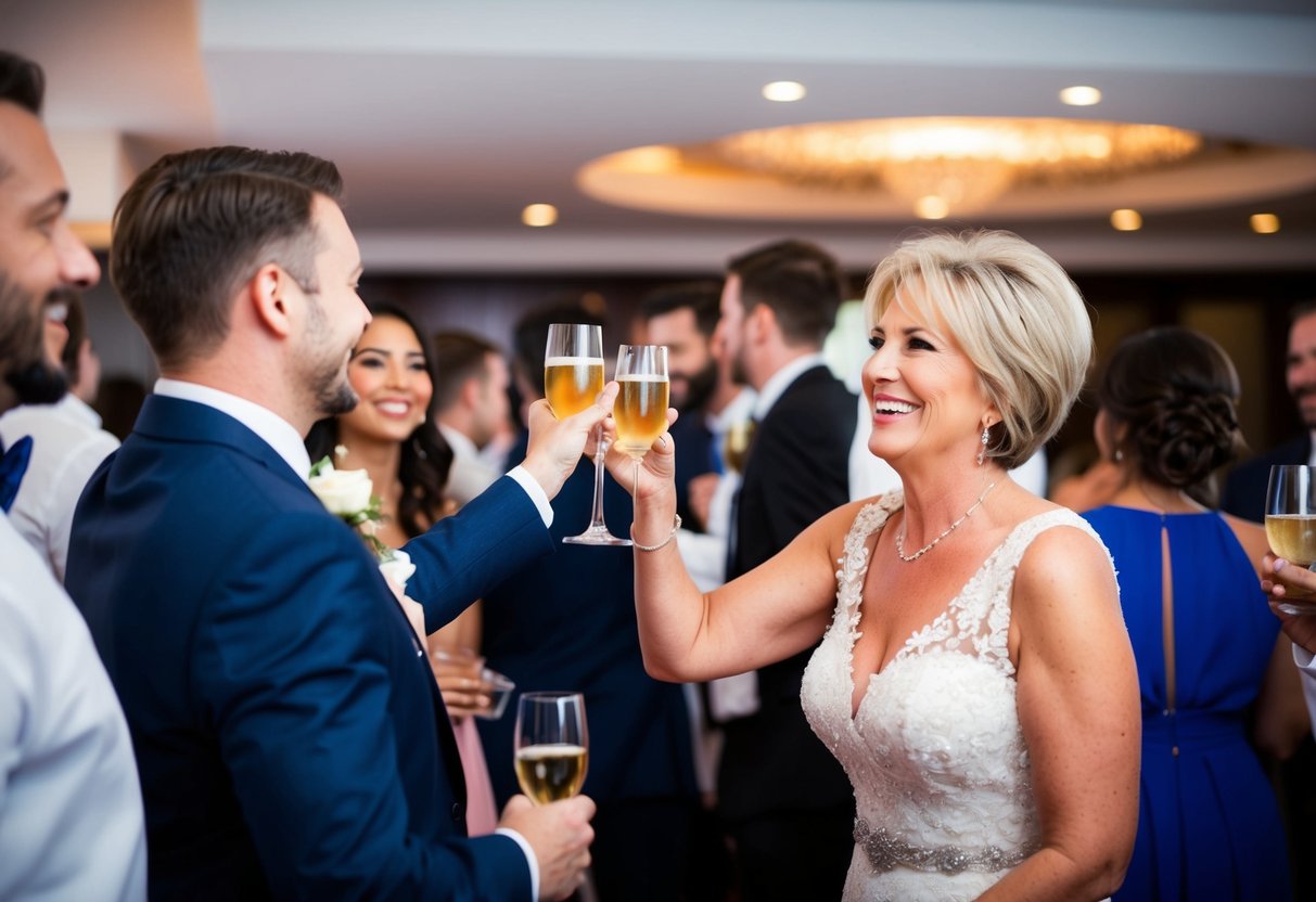 The Mother of the Bride smiles and raises a toast at a lively bachelor party. She mingles with guests and enjoys the celebration