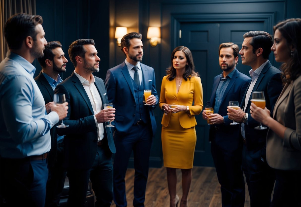 A group of men and women gathered in a dimly lit room, some holding drinks and chatting. A woman stands at the door, looking uncertain