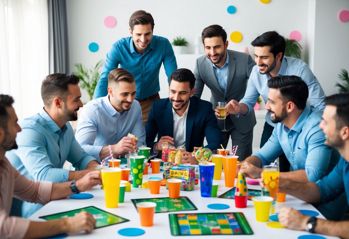 A group of men gathered around a table covered in party planning essentials such as decorations, drinks, and games