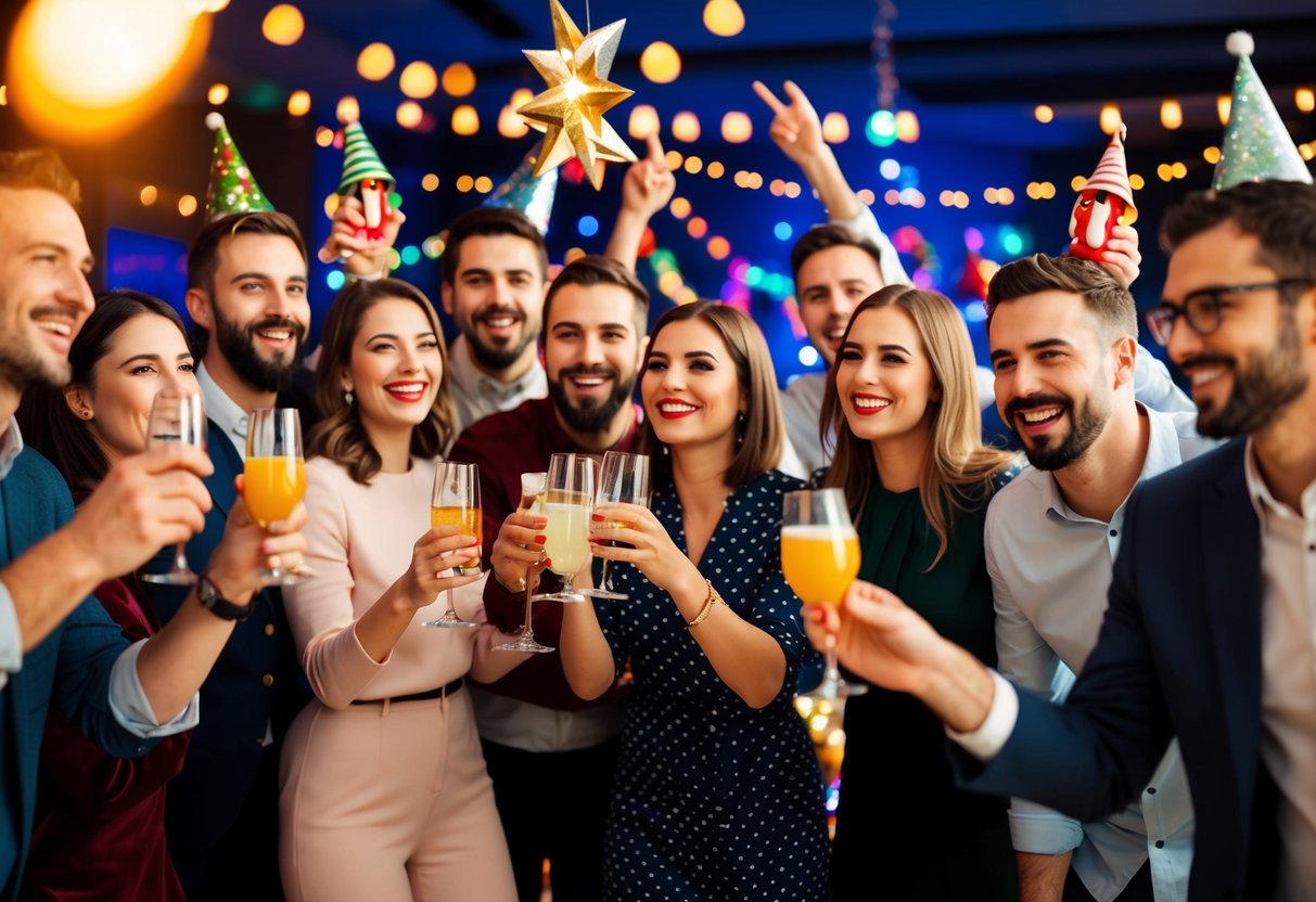 A group of people celebrating, with drinks and decorations, in a lively and festive atmosphere
