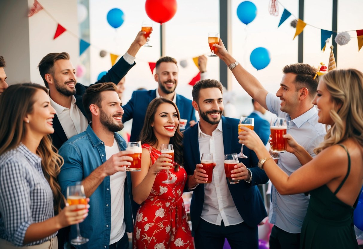 A group of people celebrating with drinks and decorations, indicating a bachelor party