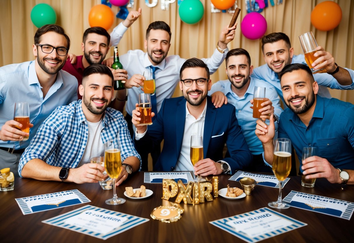 A group of men celebrating with drinks and cigars, surrounded by bachelor party decorations and invitations