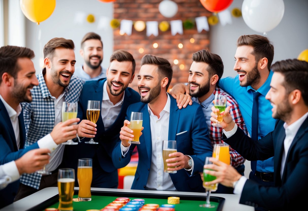 A group of men celebrating with drinks, games, and laughter at a bachelor party themed event