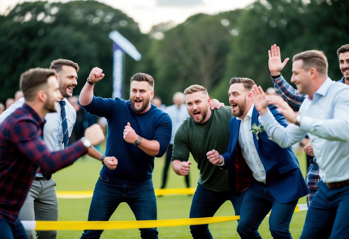 A group of men compete in various challenges and games at a stag do, following rules and cheering on the participants