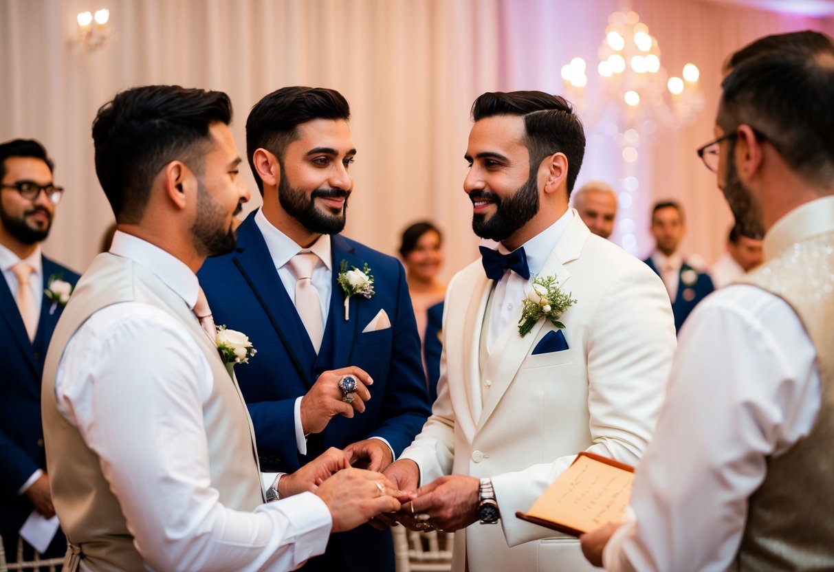 The groom's best man stands beside him during the wedding ceremony, holding the wedding ring and offering support. Later, he gives a speech and participates in the traditional activities at the reception