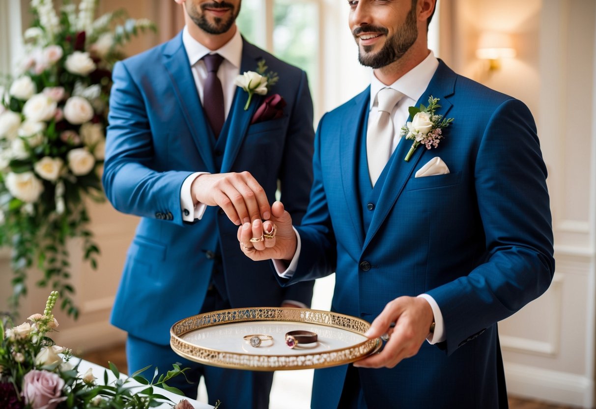 A well-dressed man stands beside the groom, holding the wedding rings on a decorative tray. The scene is elegant and refined, with floral arrangements and other decorative elements adding to the aesthetic