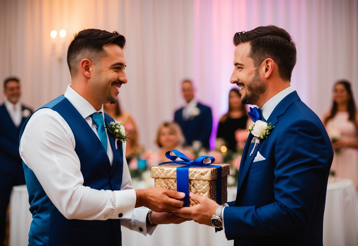 The best man presents a gift to the groom at the wedding reception