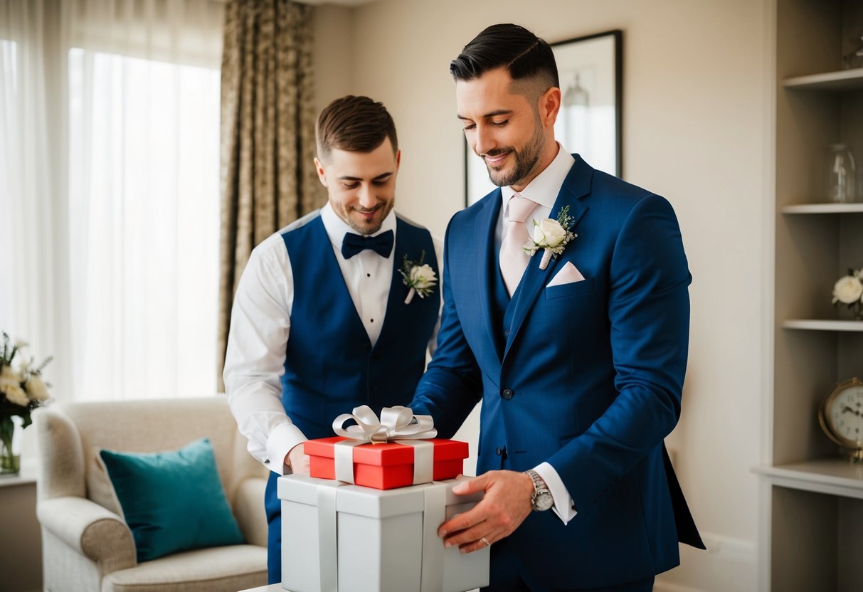 A best man carefully selecting a thoughtful gift for the groom