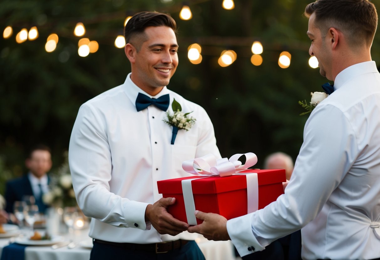 The best man presents a gift to the groom at a wedding rehearsal dinner