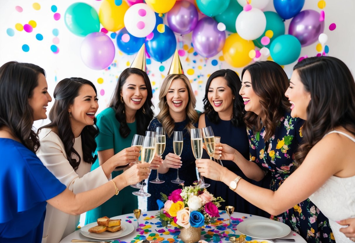 A group of women gather around a table filled with colorful decorations, balloons, and confetti. They are laughing and toasting with glasses of champagne