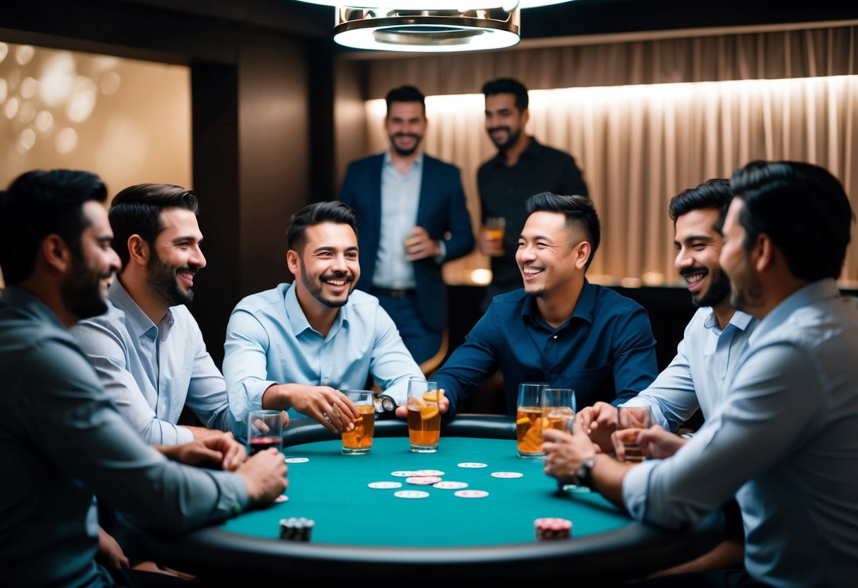 A group of men gathered around a poker table, drinks in hand, laughing and enjoying each other's company