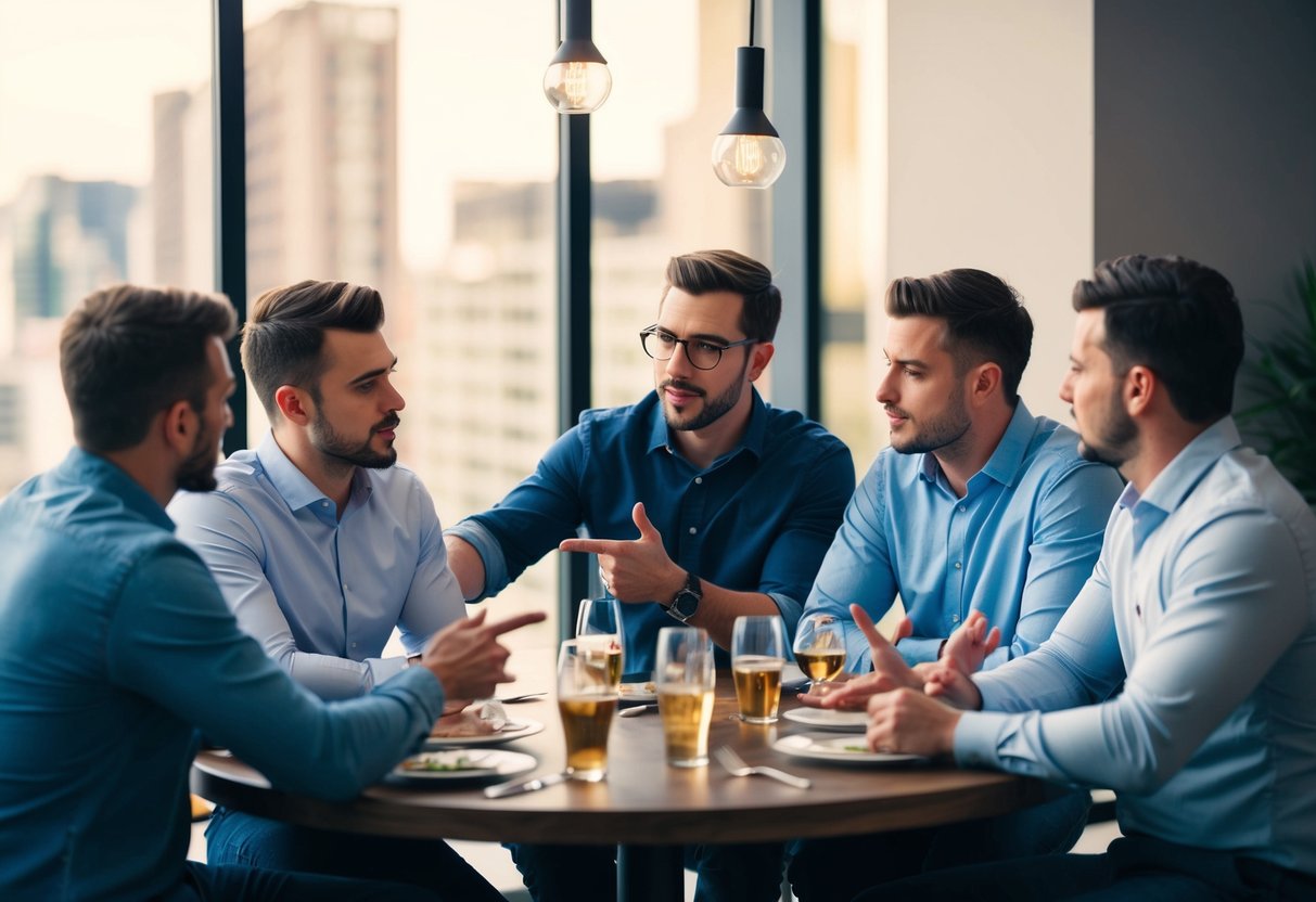 A group of men gather around a table, discussing and debating the guest list for a bachelor party. One man gestures emphatically while others listen intently