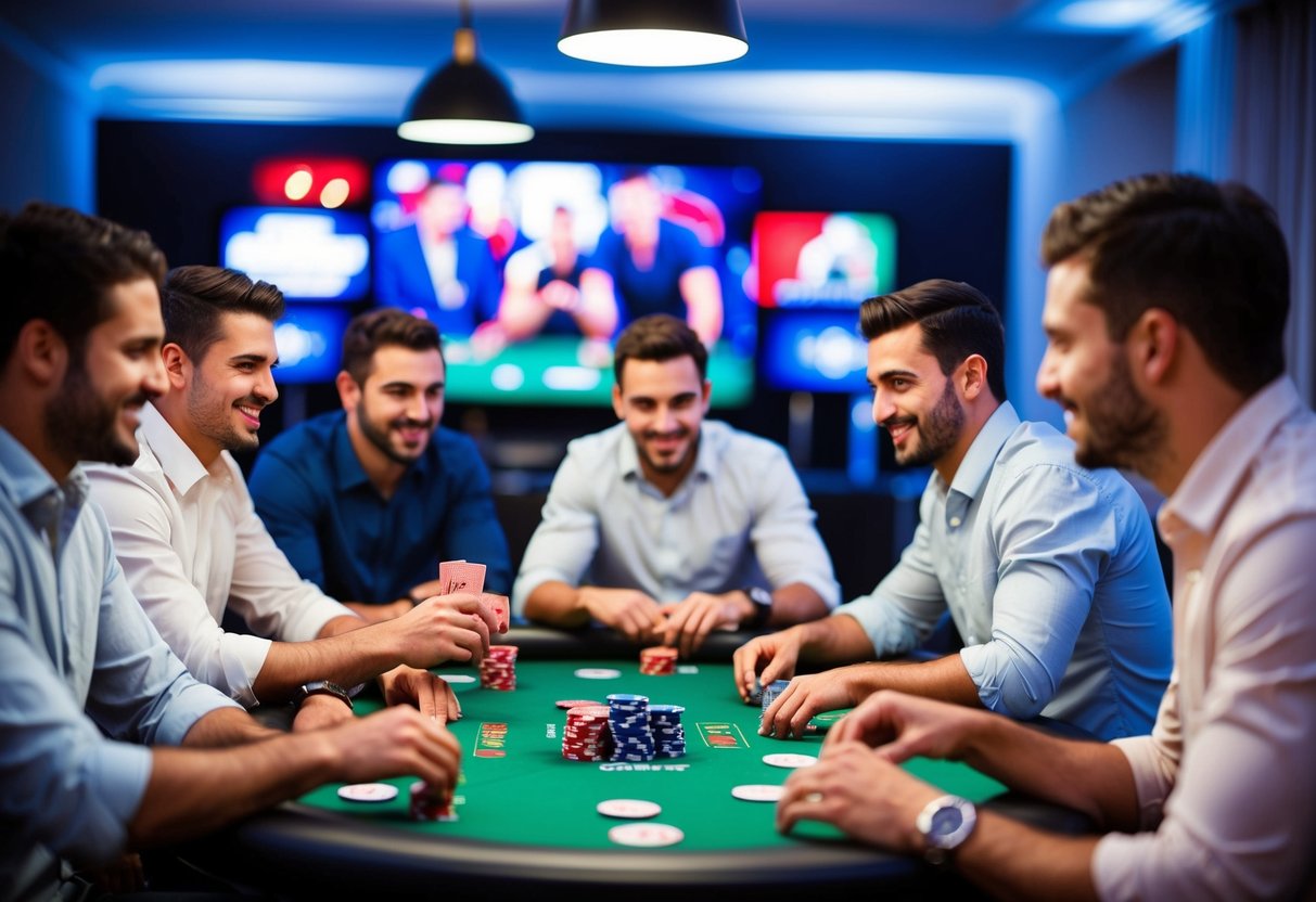 A group of men playing poker and watching sports at a bachelor party