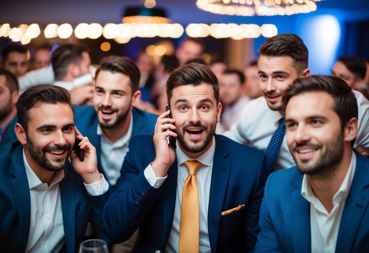 A group of men at a rowdy stag do, with one sneaking away to make a secretive phone call