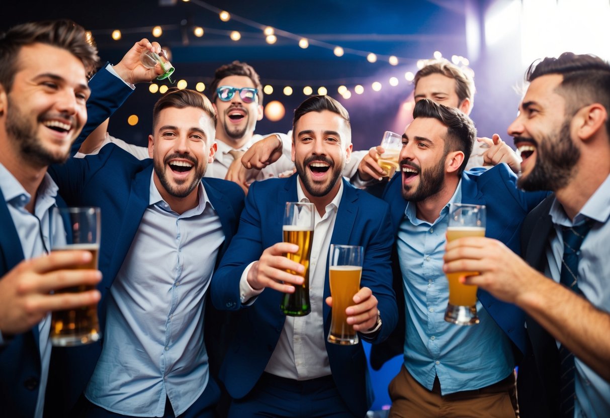 A group of men celebrating at a rowdy stag do, with drinks, laughter, and a sense of mischief in the air