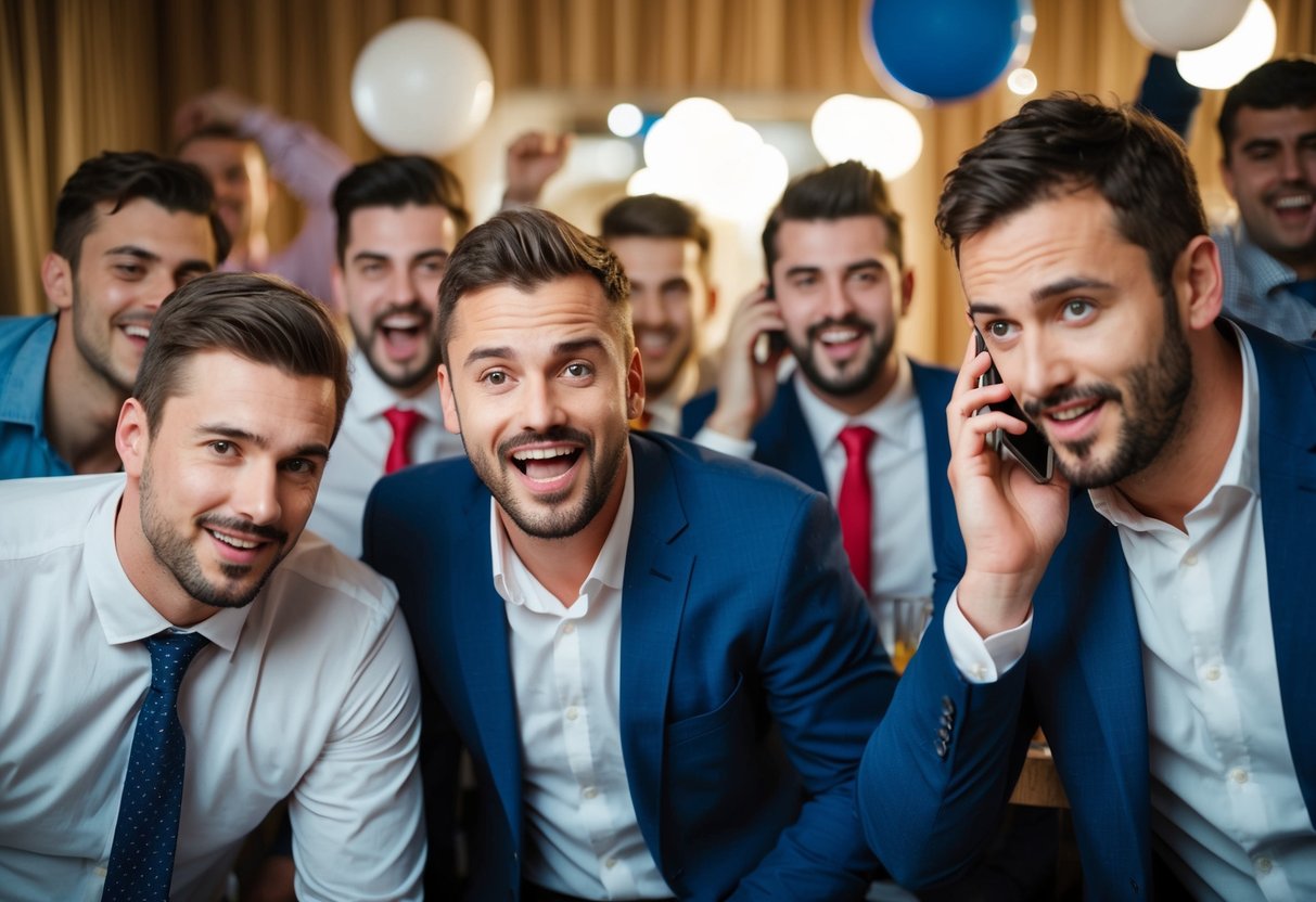A group of men at a rowdy stag do, with one man sneaking away to make a secretive phone call