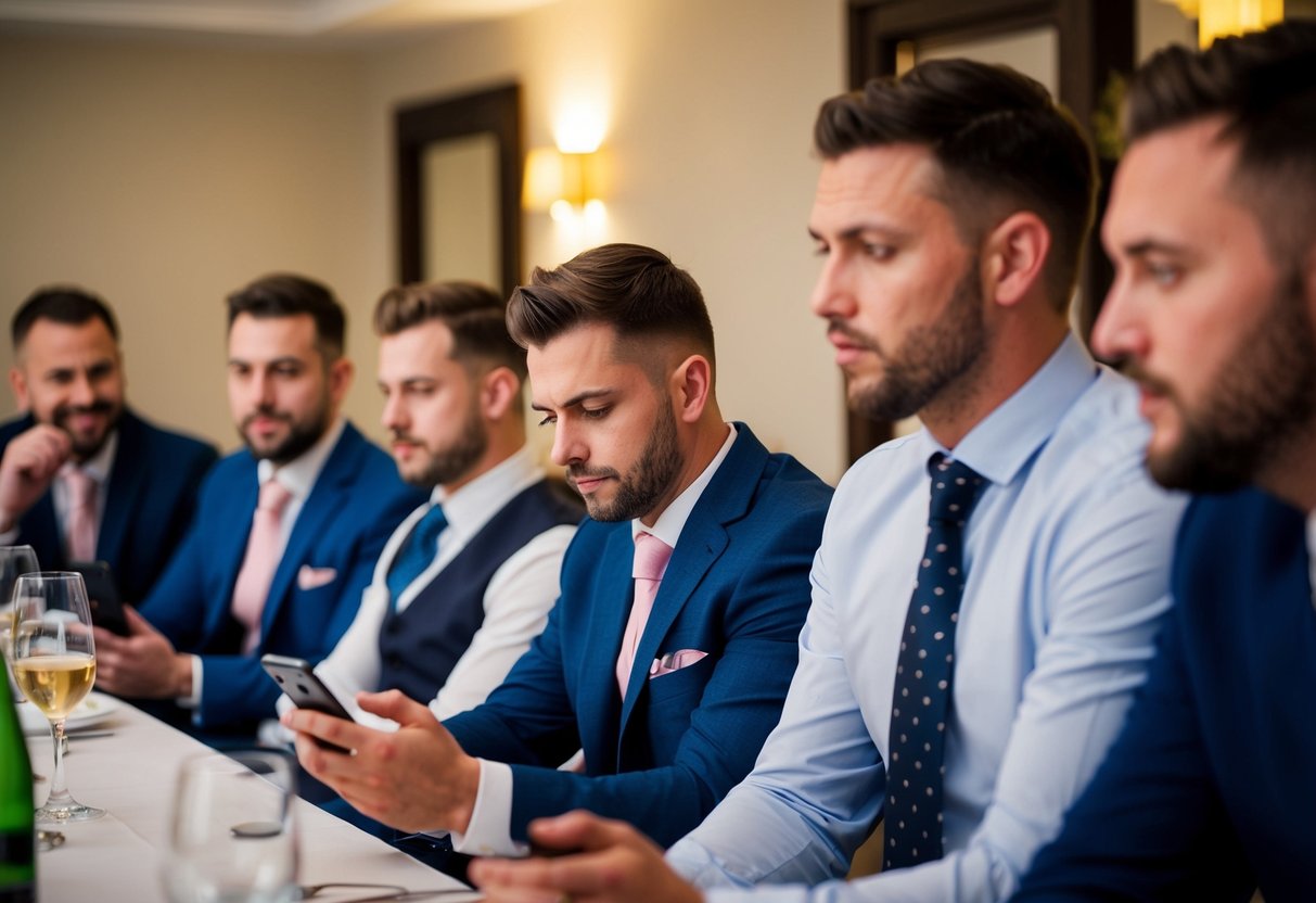 A group of men at a stag do, one sneaking a glance at his phone while others look on disapprovingly