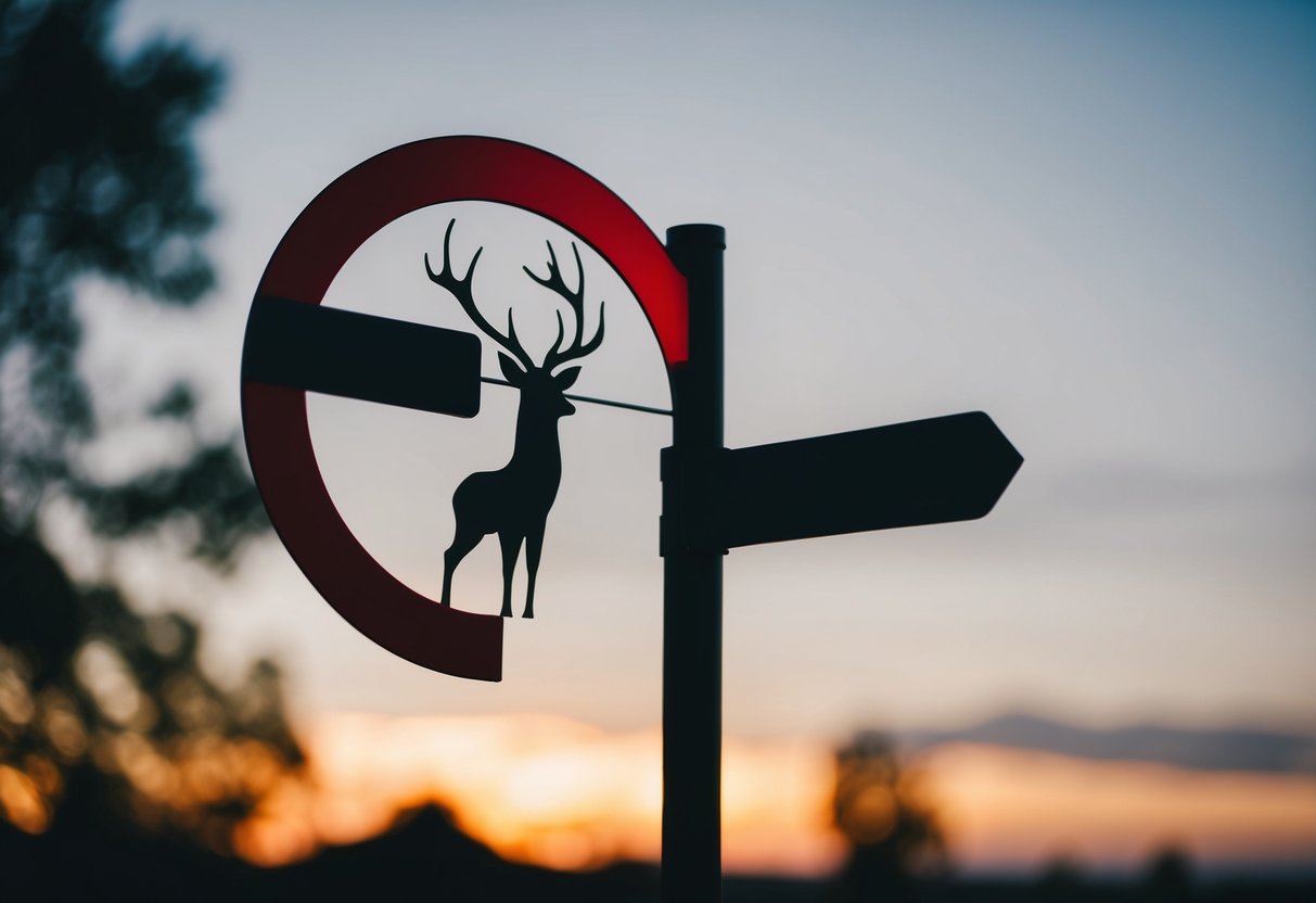 A sign with a red circle and a line through it over a silhouette of a stag