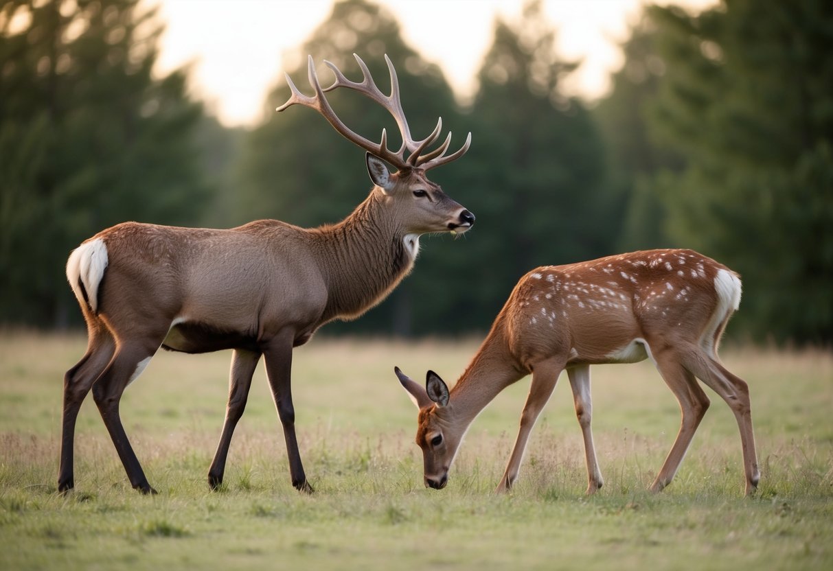 A majestic stag and a graceful doe graze together in a peaceful forest clearing, their bond evident in their gentle interactions