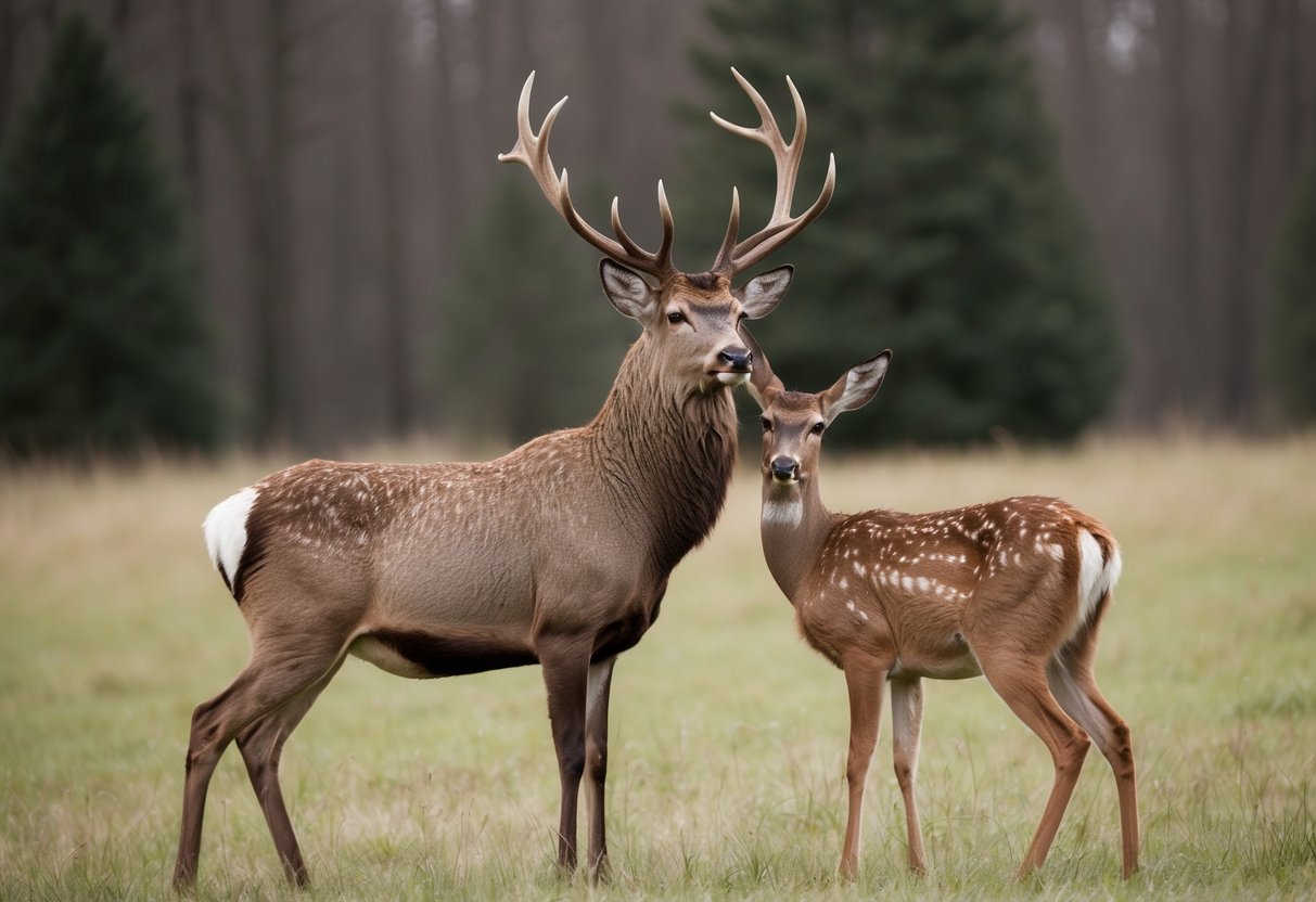 A majestic stag stands protectively beside a graceful doe in a peaceful forest clearing, symbolizing the strong and nurturing relationship between the two