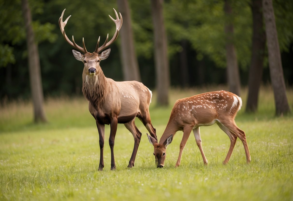 A majestic stag stands tall and proud, while a graceful doe grazes nearby in a lush, forested setting