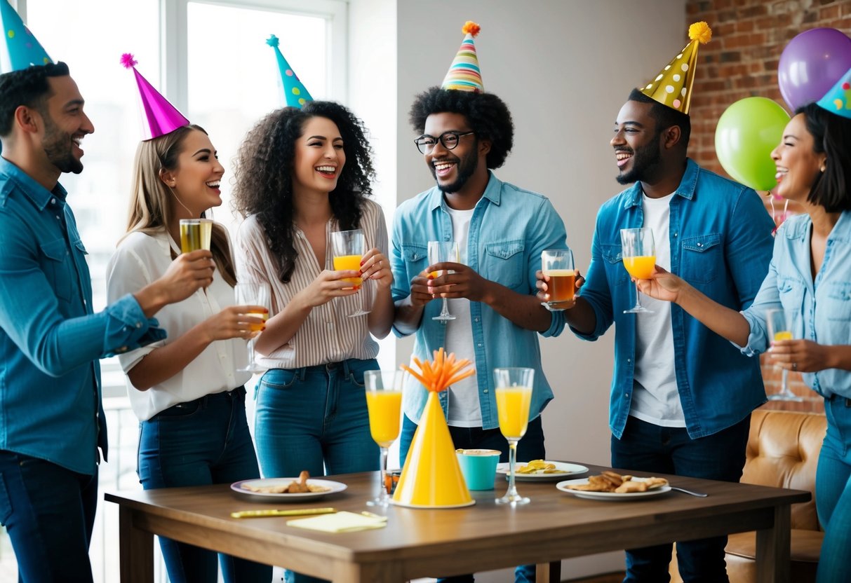 A group of friends standing around a table with drinks, laughing and joking. Some are wearing party hats and holding balloons