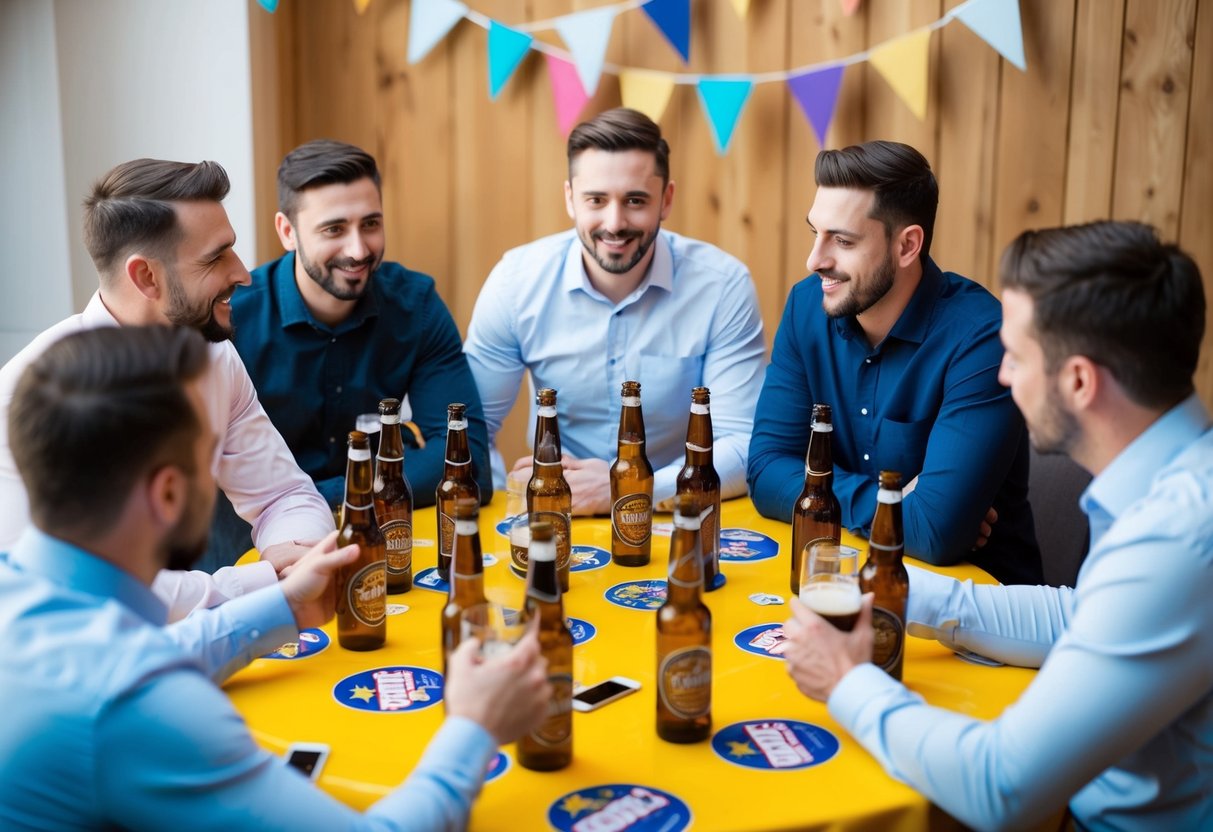 A group of men gathered around a table covered in beer bottles and party decorations, discussing plans for a stag do