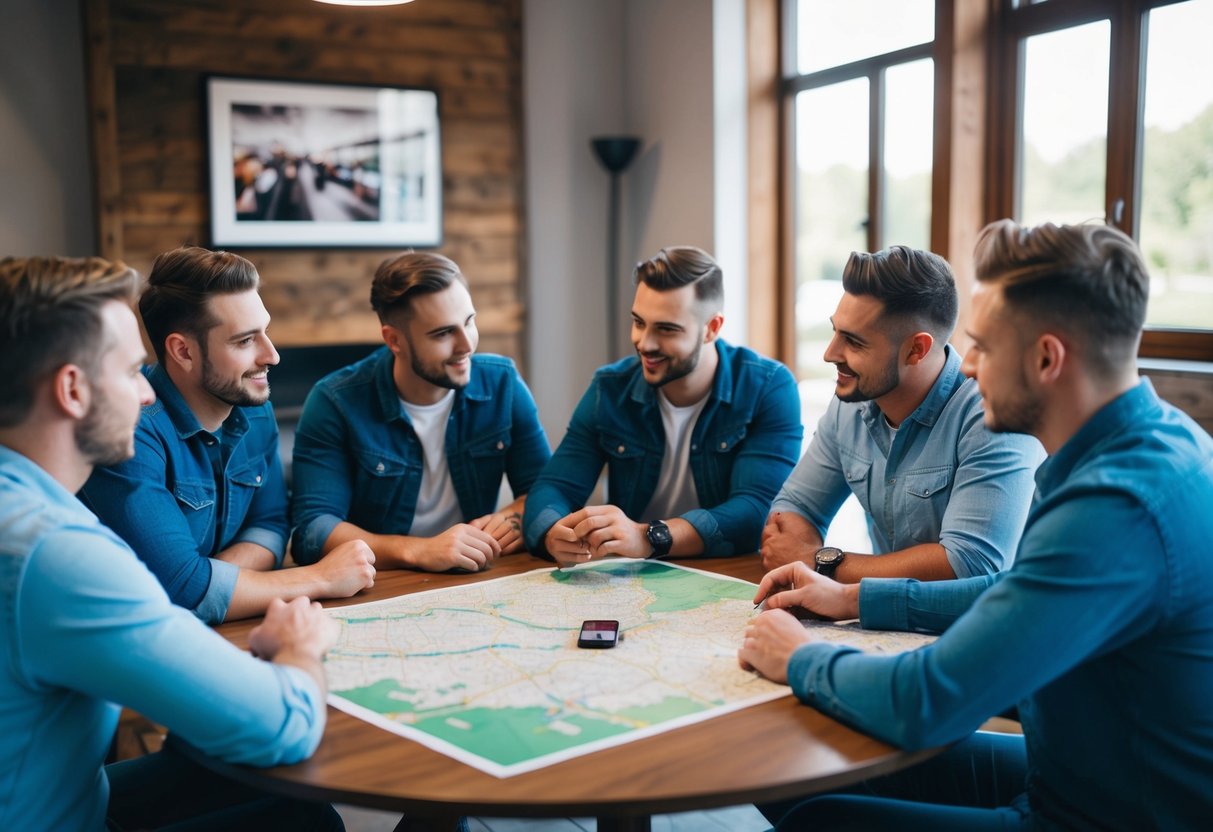 A group of friends sitting around a table with a map, discussing and planning logistics for a stag do