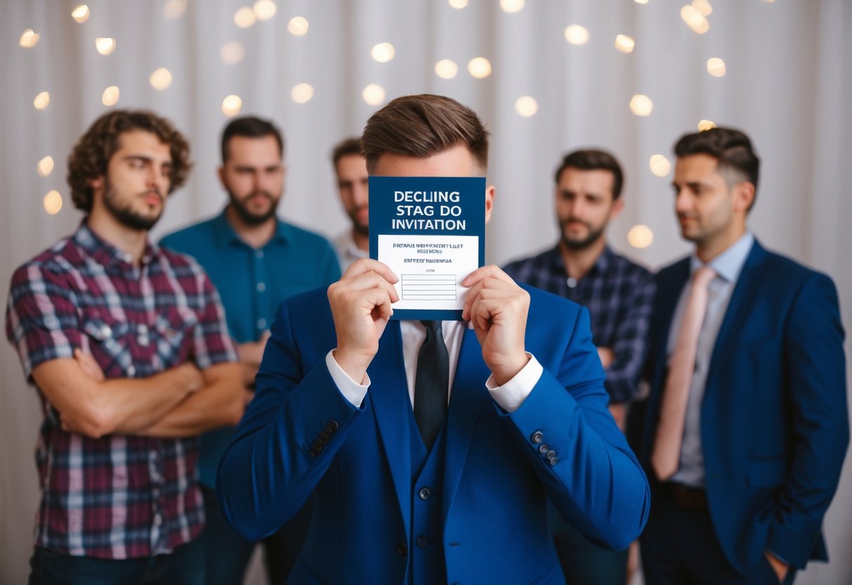 A person declining a stag do invitation, with friends looking disappointed