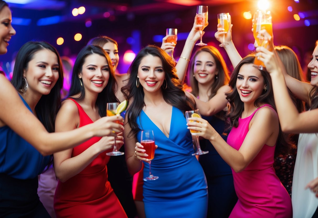 A group of women celebrating with drinks and dancing at a lively nightclub