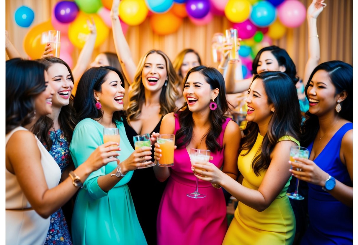 A group of women celebrating with drinks, dancing, and laughter in a lively and colorful party setting