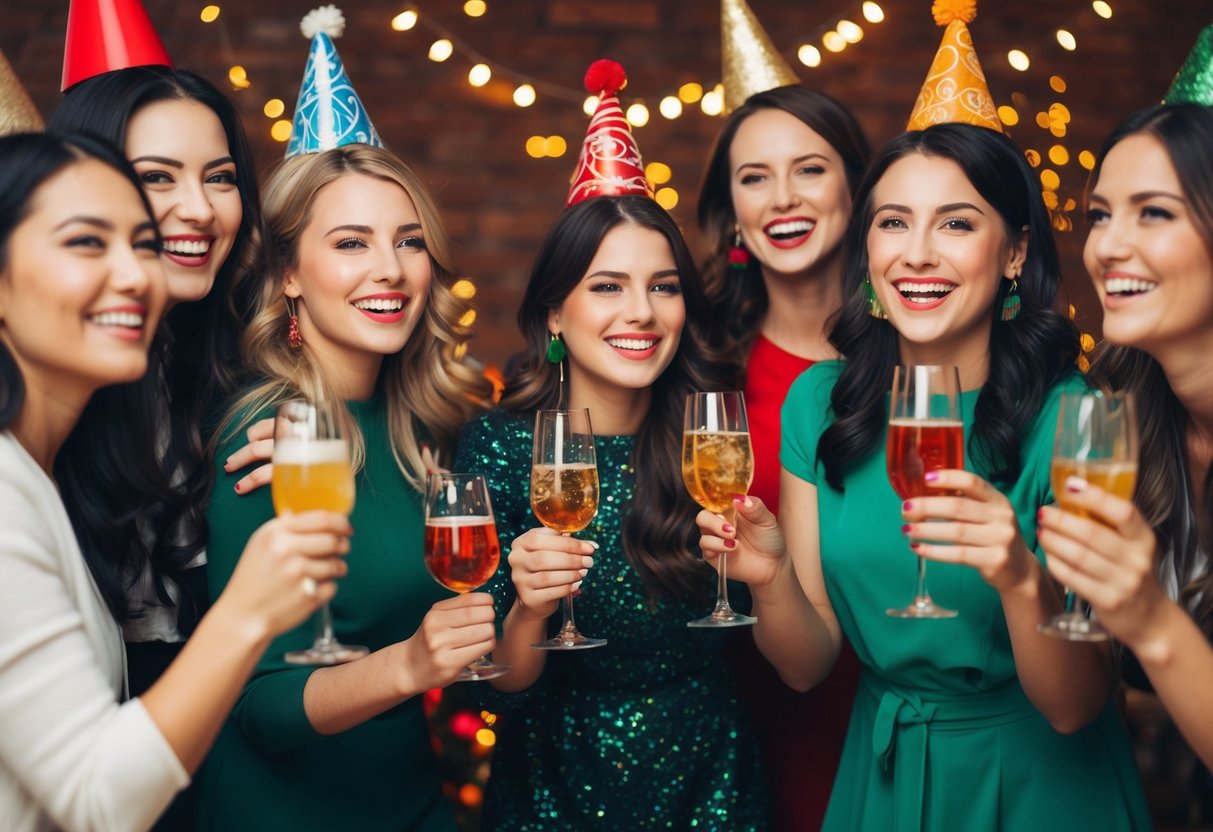 A group of women celebrating with drinks and decorations in a lively, festive atmosphere