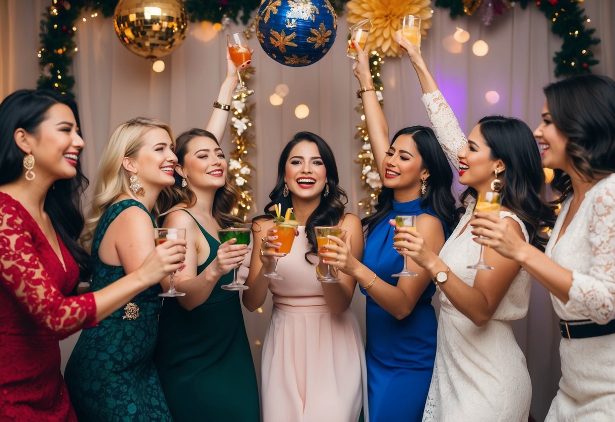 A group of women celebrate together with drinks, music, and dancing, surrounded by festive decorations and symbols of femininity