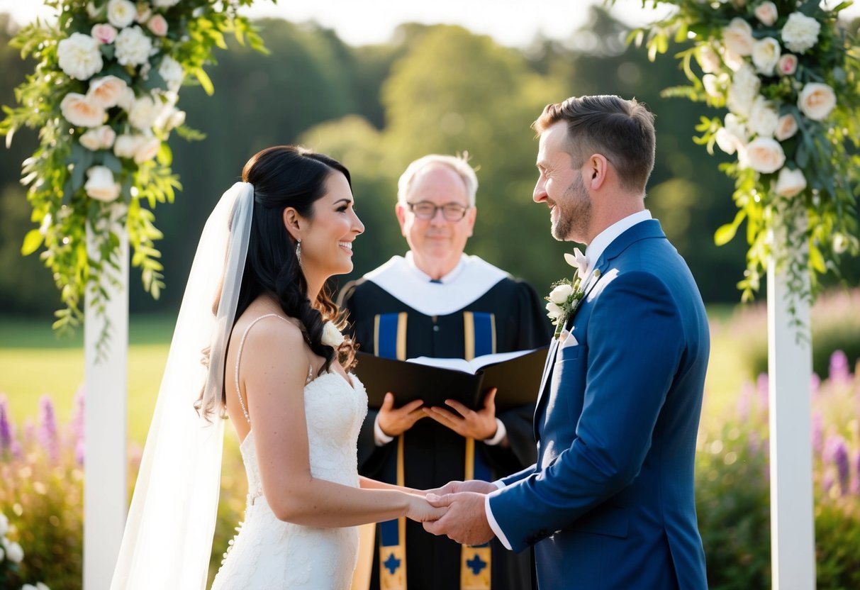 A bride and groom stand before a celebrant, exchanging vows in front of a beautiful outdoor setting with flowers and greenery