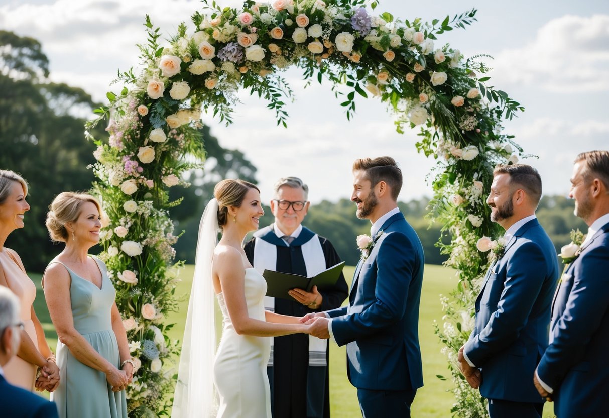 A couple stands beneath a floral arch, surrounded by family and friends. A celebrant officiates the wedding ceremony, adding a unique and personal touch to the special day