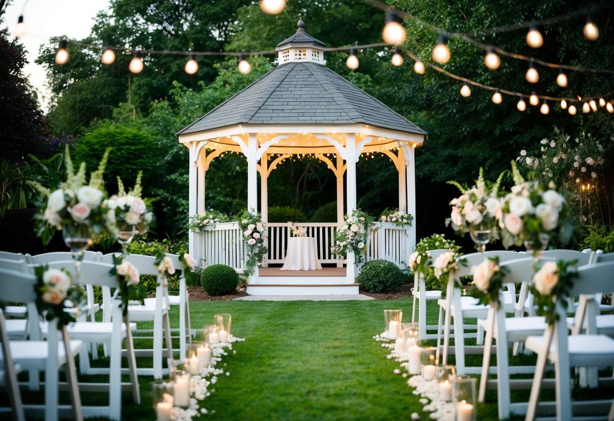 A lush garden with a charming gazebo, adorned with flowers and twinkling lights, set up for a romantic wedding ceremony