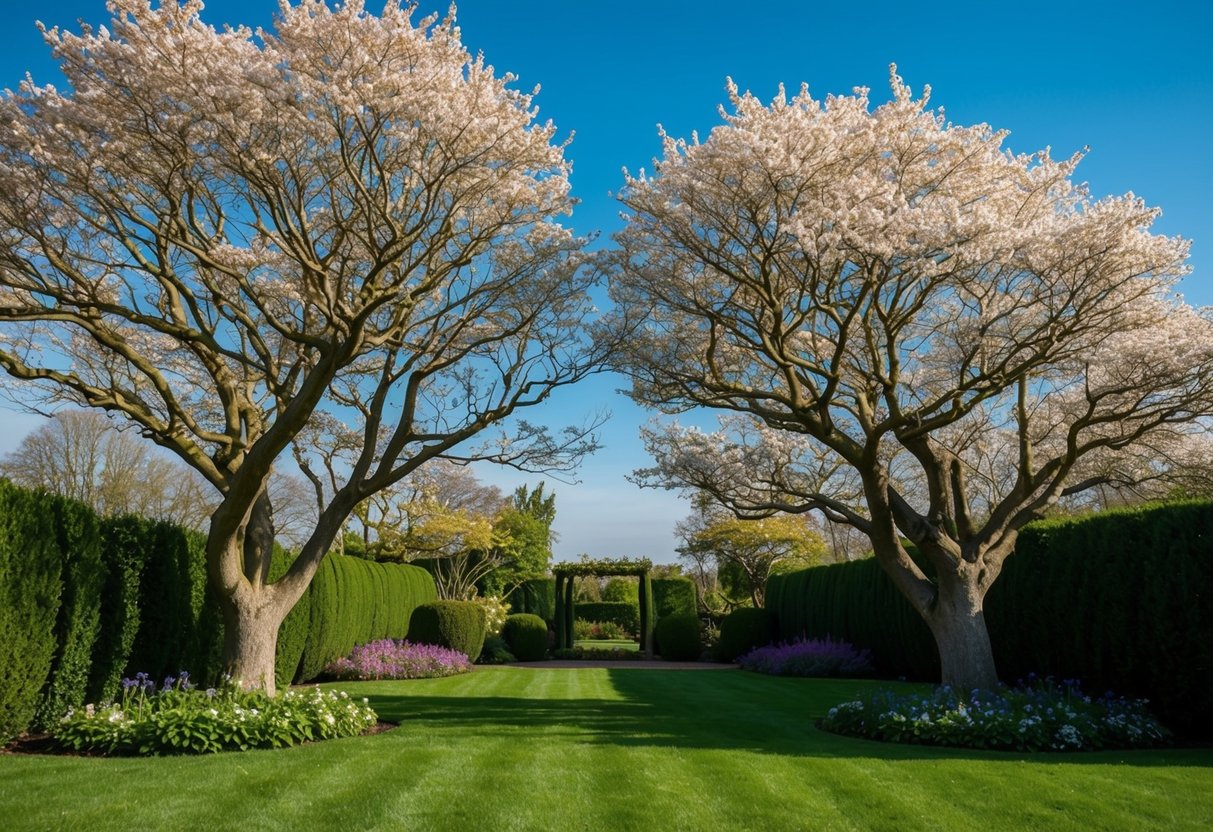A serene garden with two intertwining trees in full bloom under a clear blue sky