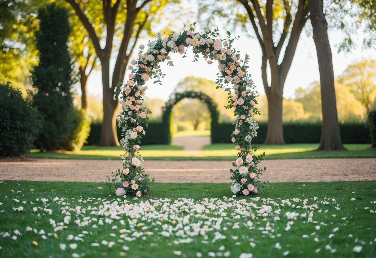 A garden setting with a flower-adorned archway, a scattering of petals on the ground, and a soft, golden light filtering through the trees