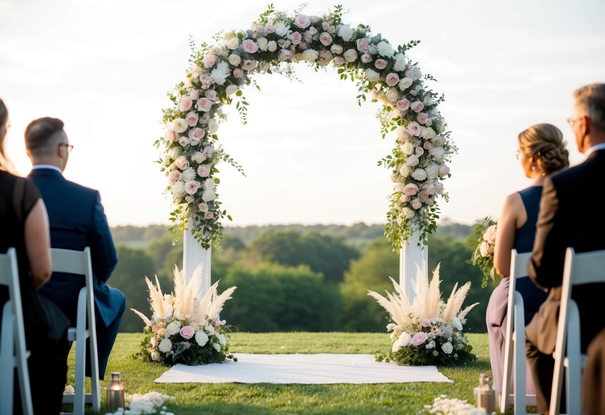 A serene outdoor setting with a decorative arch and floral arrangements, symbolizing love and commitment for a vow renewal ceremony