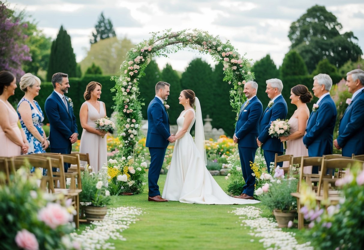 A peaceful garden with blooming flowers and a decorative arch, surrounded by family and friends, as a couple exchanges vows