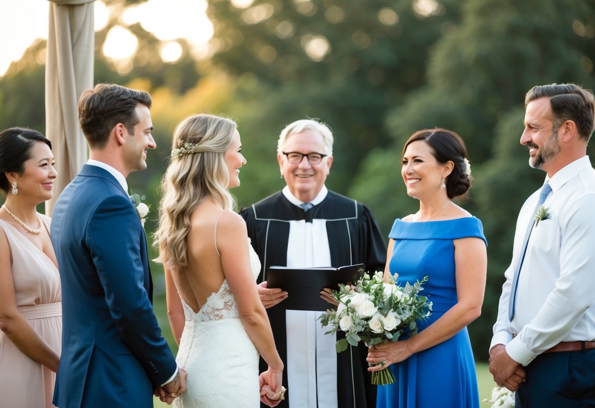 A couple standing in front of an officiant, surrounded by close family and friends, exchanging vows in a beautiful outdoor setting